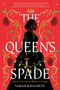 "The Queen's Spade. Heavy is the crown. Bloody is revenge." Frau in dunklem Kleid mit Dolch, roter Hintergrund.