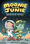 "Moonie and Junie: Interstellar Pen Pals" von Katie Kordesh. Zwei Comic-Figuren im Weltraumanzug, mit Raketen im Hintergrund.