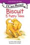 „I Can Read!” „Biscuit: 5 Puppy Tales”. Illustration eines fröhlichen Welpen mit gelbem Fell, rotes Halsband.