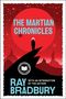 „THE MARTIAN CHRONICLES“, Ray Bradbury. Rote Marslandschaft, Silhouette einer Person, großer roter Planet im Hintergrund., Buch