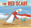 Text: "The Red Scarf." Eine Illustration. Eine Gans mit rotem Schal läuft am Strand, ein blauer Krebs hält bunte Bänder., Buch