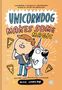 "UNICORNDOG MAKES SOME MAGIC" in blauen und rosa Buchstaben. Illustration von einem Kind und einem Einhorn-Hund umgeben von Pizzastücken., Buch