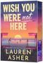 "WISH YOU WERE not HERE" steht in großen Buchstaben. Zwei Personen auf Balkonen schauen auf einen Sonnenuntergang über dem Meer., Buch