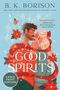 "GOOD SPIRITS", "LARGE PRINT EDITION". Ein Paar in inniger Umarmung, umgeben von Schneeflocken und roten Blumen.