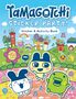 "Tamagotchi Sticker Party! Sticker & Activity Book. Über 750 Sticker!" Cartoon-Figuren in bunter Landschaft mit Blumen und Musiknoten.
