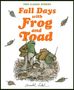 "Two Classic Stories. Fall Days with Frog and Toad." Illustration zweier Tiere, umgeben von Herbstblättern, mit Rechen.