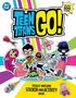 Text: „Teen Titans GO!“, „Totally Awesome Sticker and Activity Book“. Comicfiguren sitzen fröhlich auf einem Sofa.