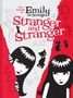 „Stranger and Stranger“, stilisierte Mädchen mit schwarzem Haar und Katzen, kontrastierende rote und weiße Bereiche., Buch