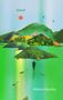 "Island" oben links, "Aldous Huxley" unten rechts. Eine bunte Landschaft mit einem grünen Hügel und einer Figur im Wasser., Buch
