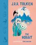 J.R.R. Tolkien, The Hobbit, illustriert von Tove Jansson. Ein Krieger mit Schild und Axt, Berge und ein Drache darüber.