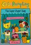 „Cat and Dumpling“ und „The Super-Duper Shop“. Eine Katze und ein Hund verkaufen bunte Waren an einem Stand.