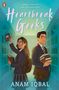 "Falling in love isn't part of the game plan. Heartbreak Geeks. ANAM IQBAL" Zwei Schüler in Schuluniformen mit Büchern., Buch