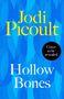 Text: "Jodi Picoult", "Hollow Bones", "Cover to be revealed". Hintergrund in Blau mit Blattmustern.