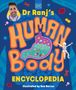 "Dr Ranj's Human Body Encyclopedia" ist der Titel. Eine bunte Illustration mit Verdauungsorganen und einem lächelnden Skelett.