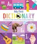 "My first DICTIONARY" zeigt Bilder von Apfel, Bus, Trommel, Elefant, Blume, Gitarre, Pferd und Eiscreme.