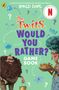 „The Twits: Would You Rather? Game Book“. Illustrationen von zwei bizarren Charakteren mit Fragen und Pfeilen im Hintergrund., Buch