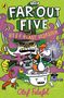 "THE FAR OUT FIVE: BEEF BLAST DISASTER" in bunten Buchstaben, mit Comic-Figuren, darunter ein Einhorn und ein Pirat., Buch
