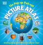 Text: "The Pop-up Pull-out PICTURE ATLAS. Amazing pop-up globe! Interactive pull-out maps!" Illustration einer Weltkarte.