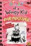 "DIARY of a Wimpy Kid: PART YPOOPER" in bunten Buchstaben. Illustration: Junge auf Geburtstagskuchen. Bunt verzierter Hintergrund., Buch