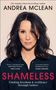 „COVER TO BE REVEALED“. „SHAMELESS“. „ANDREA MCLEAN“. Roter Hintergrund, weißer Text, zentrales Logo „DK [RED]“.