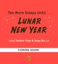„Ten More Sleeps Until... Lunar New Year“ in schwarzer Schrift auf rotem Hintergrund mit leuchtenden Punkten, Logo unten., Buch
