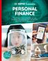 Text: "PERSONAL FINANCE. Take charge of your money through wise budgeting. Build background knowledge."  
Bild: Glas mit Münzen, Kredit-Score auf Smartphone, kleines Hausmodell mit Auto.