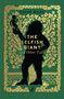 Titel: "The Selfish Giant and Other Tales" von Oscar Wilde. Silhouette eines Riesen mit Kind, umrahmt von Bäumen und Ziegeln., Buch