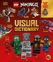 Texte: LEGO NINJAGO, VISUAL DICTIONARY. Figuren: Kai, Sora, Jay, Arin, Nya. Farbenfroh, im LEGO-Stil.