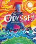 "The Odyssey: A Modern Retelling." Ein Krieger in antiker Rüstung, ein Segelschiff und wilde Meereswellen in lebhaften Farben.