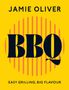 "JAMIE OLIVER BBQ" oben, "EASY GRILLING, BIG FLAVOUR" unten. Gelber Hintergrund, rot-gelbe Streifen., Buch