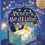 "Peter's Bedtime" in großen Buchstaben. Darunter ein schlafender Hase in einem gemütlichen Bett, umgeben von sanftem Licht., Buch