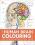 Text: "The Human Brain Colouring Book. The Ultimate Anatomy Study Guide." Illustration: Querschnitt des menschlichen Gehirns.