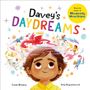 „Davey’s DAYDREAMS“, farbenfrohe Buchillustration mit träumendem Kind und Fantasieszenen wie Drachen, Rittern und Fußball.