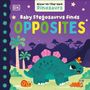"Baby Stegosaurus finds Opposites". Ein niedlicher Stegosaurus mit Schmetterling, Schnecke und Raupe in einer tropischen Landschaft.