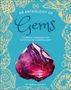 Text: "AN ANTHOLOGY OF Gems. A collection of gemstones from buried treasures to glittering jewels. Dr Anthea Lacchia."  
Illustration: Ein großer, pinker Edelstein auf blauem Hintergrund mit goldenen Mustern.