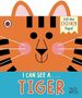 Text: "Lift the CRINKLY Flaps!" und "I CAN SEE A... TIGER". Illustration eines stilisierten Tigerkopfes., Buch