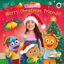 "Merry Christmas, Friends!" steht in festlicher Schrift. Eine Frau und bunte Figuren, alle mit Weihnachtsmotiven und fröhlich., Buch