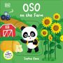 "Buchcover mit Titel 'OSO on the Farm' und Autor 'Sophie Kent'. Illustration: Pandabär auf Farm mit Sonnenblumen, Traktor, Scheune."