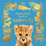 „My Beautiful Book of Animals“, Cheetah-Junges im Zentrum, Goldillustrationen von Tieren auf blauem Hintergrund.