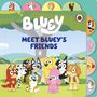 "Meet Bluey's Friends": Illustration von fröhlichen Hunden unter einem Baum, umgeben von bunter Natur.