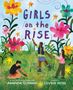 „GIRLS on the RISE“ in lila Schrift. Drei Mädchen in einem farbenfrohen Garten mit großen Blumen., Buch
