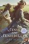 Text: "Sense and Sensibility", "Jane Austen", "Now a Major Motion Picture". Zwei Frauen laufen lächelnd über eine Wiese., Buch