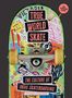 Bunte Skateboard-Oberseite, beklebt mit Aufklebern. Texte: "TRUE WORLD SKATE", "THE CULTURE OF INDIE SKATEBOARDING"., Buch