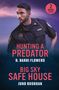 Text: "HUNTING A PREDATOR R. Barri Flowers. BIG SKY SAFE HOUSE Juno Rushdan." Ein Polizist in Uniform blickt ernst., Buch