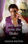 „An Invitation from the Duke“ von Maggie Weston. Ein Mann mit Augenklappe, violetter Weste und gelbem Halstuch sitzt elegant., Buch
