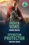 "2 Books In One. Broken Vows, Cassie Miles. Operation Protector, Justine Davis." Ein Mann und ein Hund vor Bergen., Buch