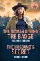 "2 Books in One" steht in einem Kreis. Eine Frau mit Hut vor Bergkulisse. Titel: "The Woman Behind the Badge"; "The Husband’s Secret".