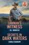 "2 Books in One". "Lawman's Witness" von B.J. Daniels und "Secrets in Dark Waters" von Carla Cassidy. Ein Cowboy steht vor einer Landschaft., Buch