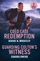 "2 Books in One" in rosa Kreis. Titel: "Cold Case Redemption", "Guarding Colton’s Witness". Zwei Personen in waldiger Landschaft., Buch