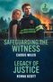 "2 Books in One", "Safeguarding the Witness" von Cassie Miles, "Legacy of Justice" von Kenna Scott. Feuerwehrmann und Frau vor brennendem Haus., Buch